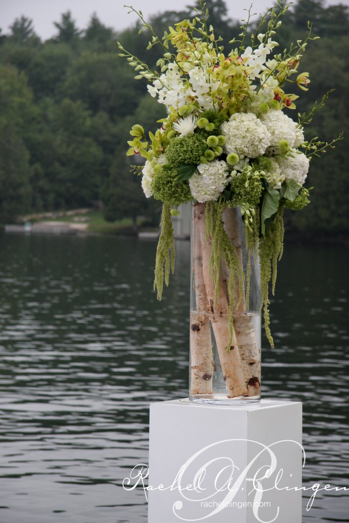 Wedding Flowers Muskoka Delta Sherwood Inn floral in glassware with rustic Muskoka birch accents