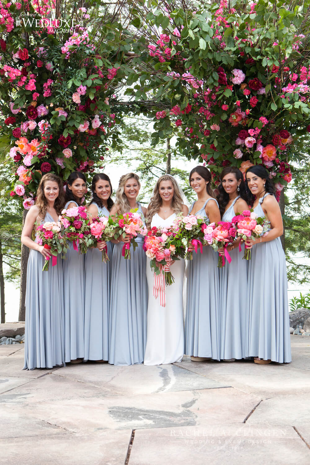 bridesmaids-pink-coral-flowers-canopy