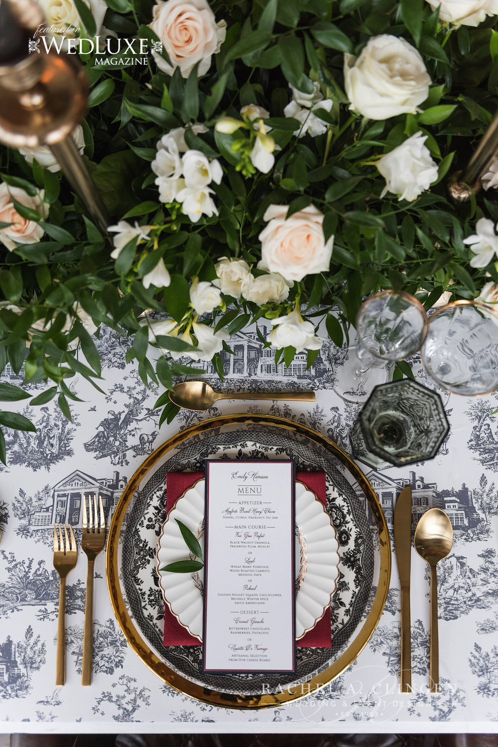 Toile wedding table setting Langdon Hall Wedding