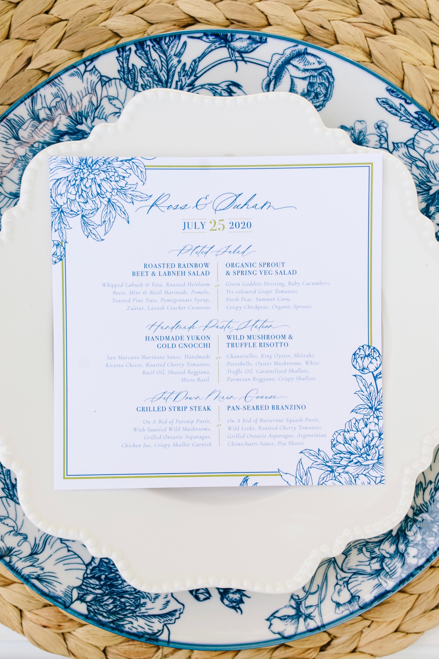 blue white table setting wedding design