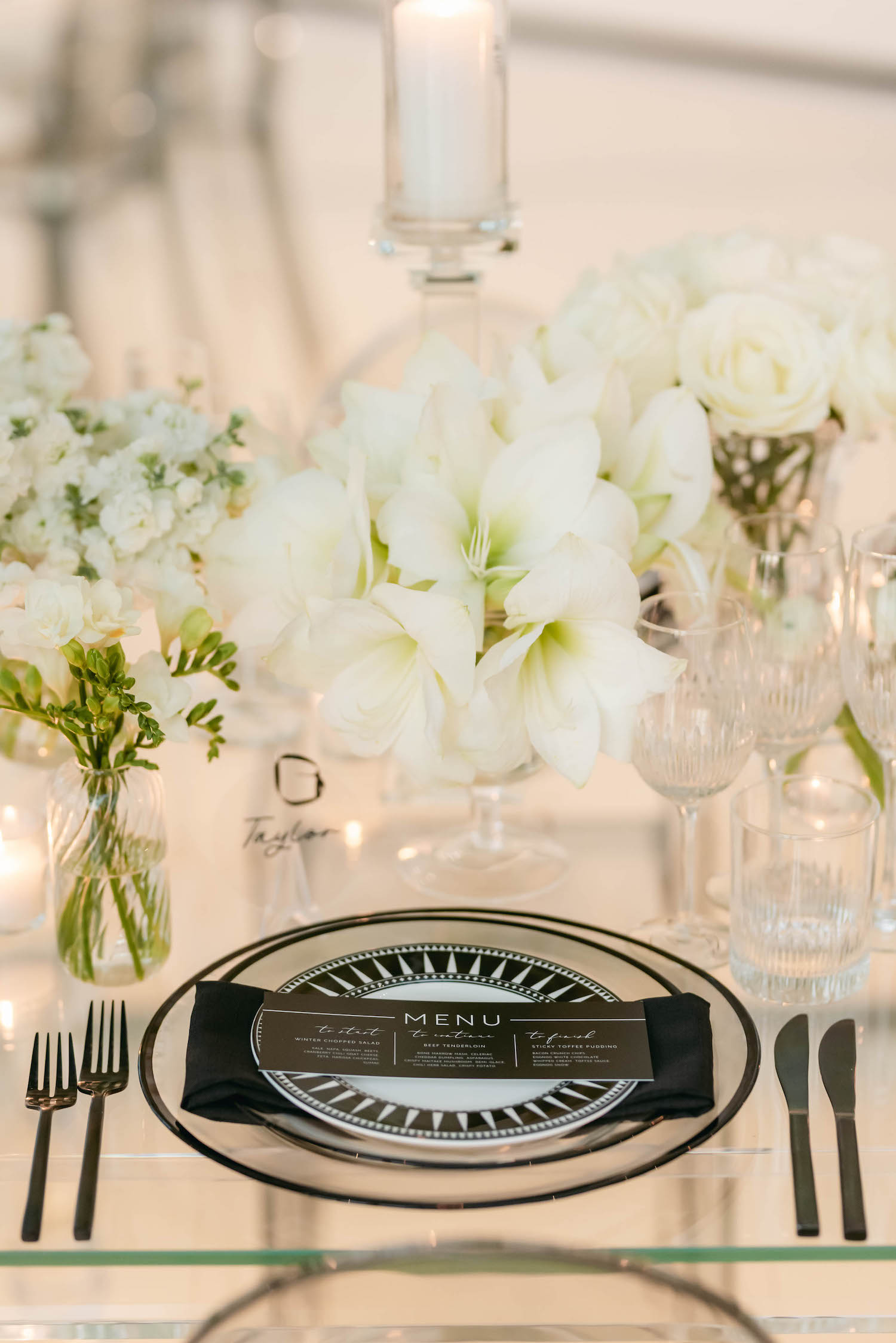 modern white and black place setting