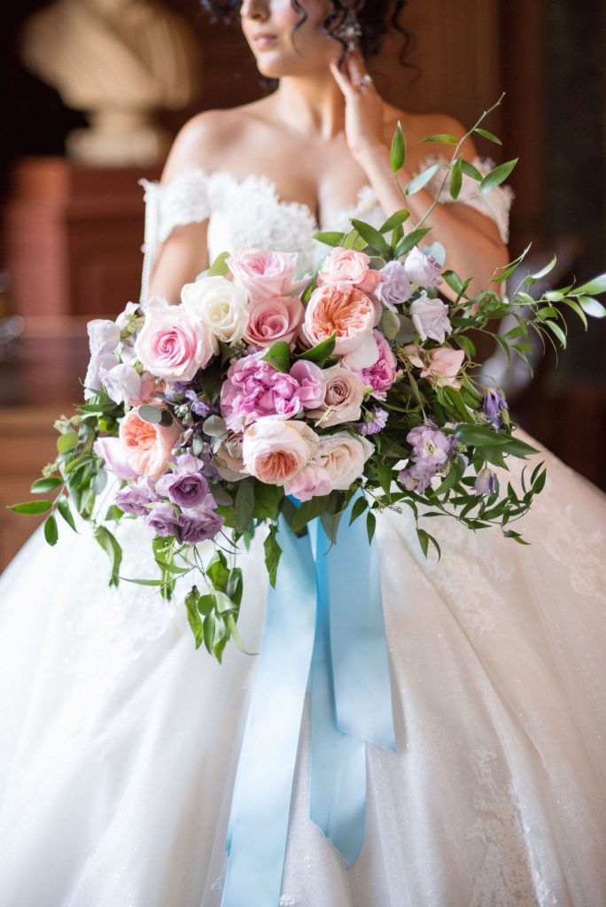 wedding flowers blue pink peach