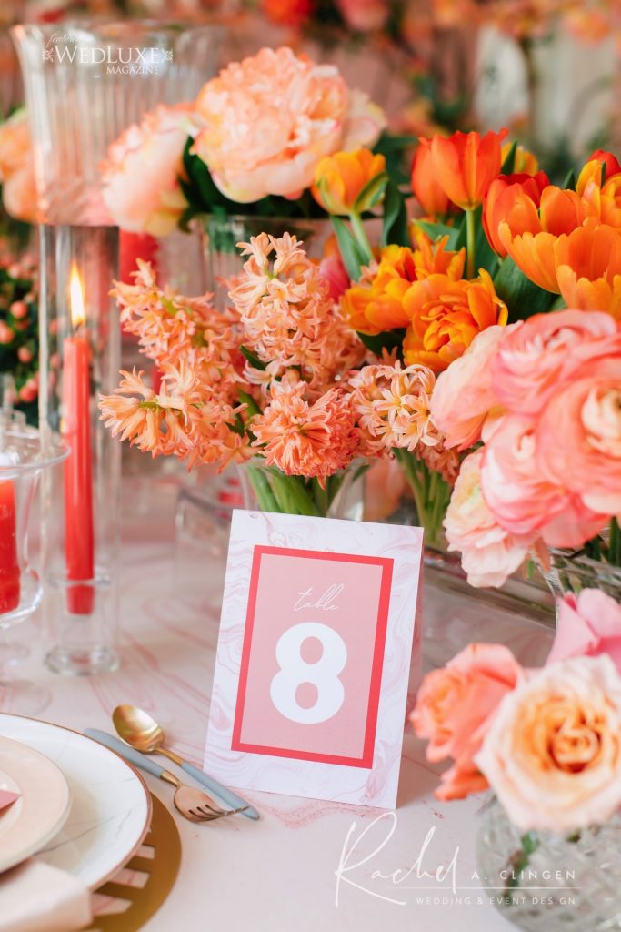 coral wedding flowers table number imp