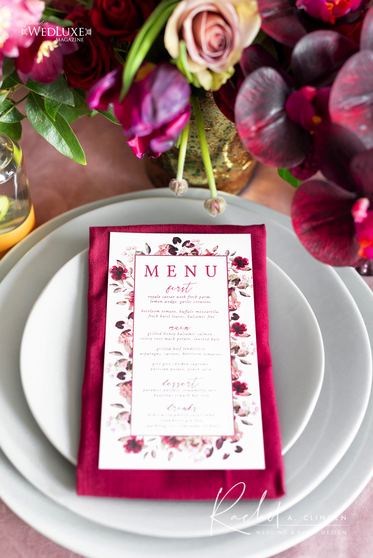 mauve burgandy wedding menu