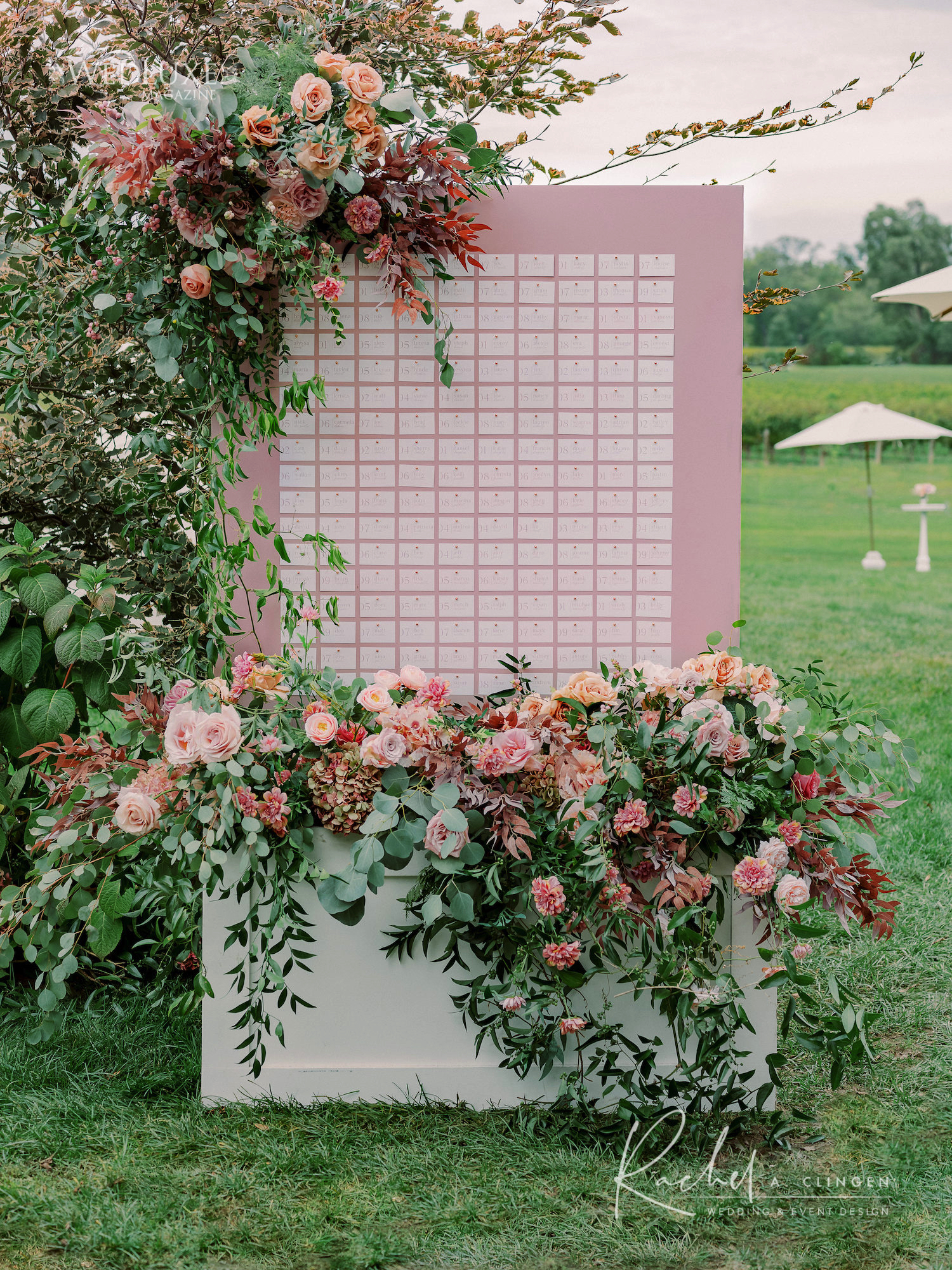 pink wedding seating chart flowers