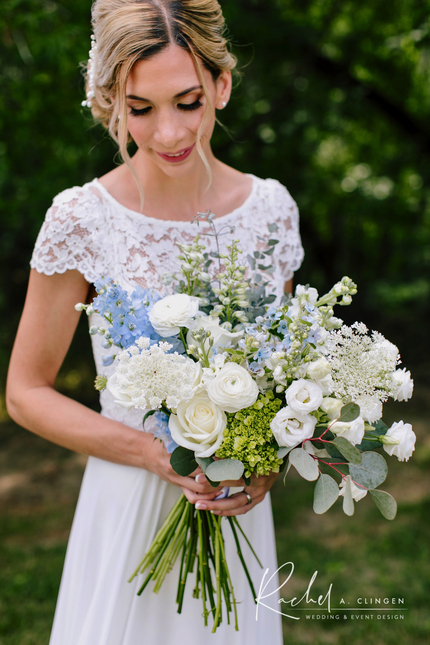 blue white wedding bouquet flowers