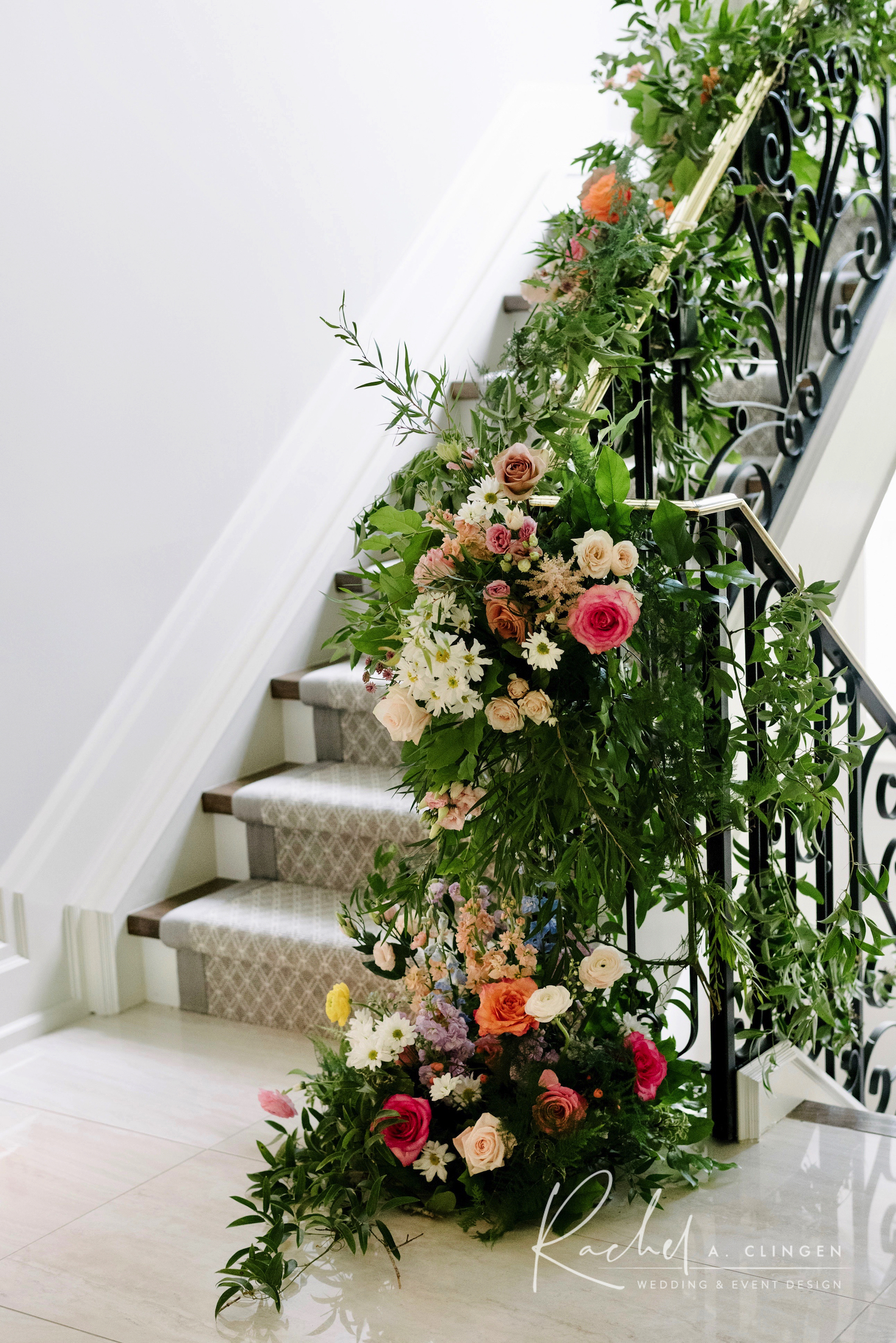stair case flowers wedding
