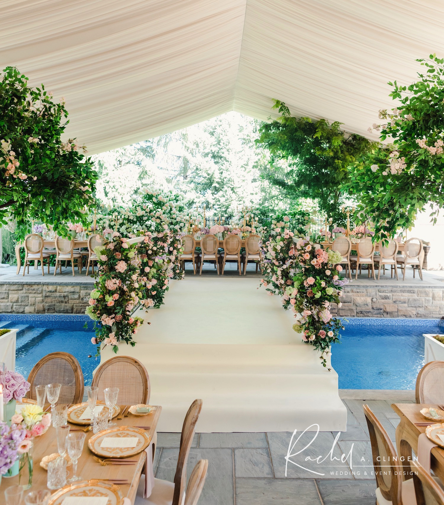 bridal shower flower bridge over pool