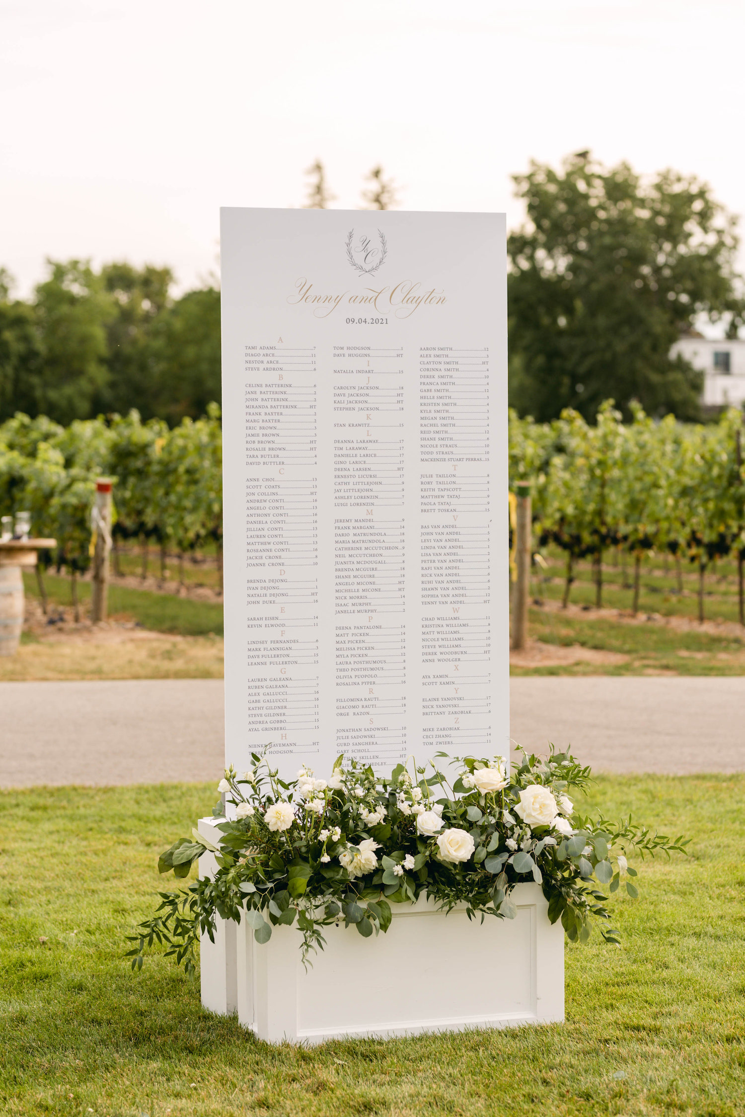 vineyard wedding seating chart