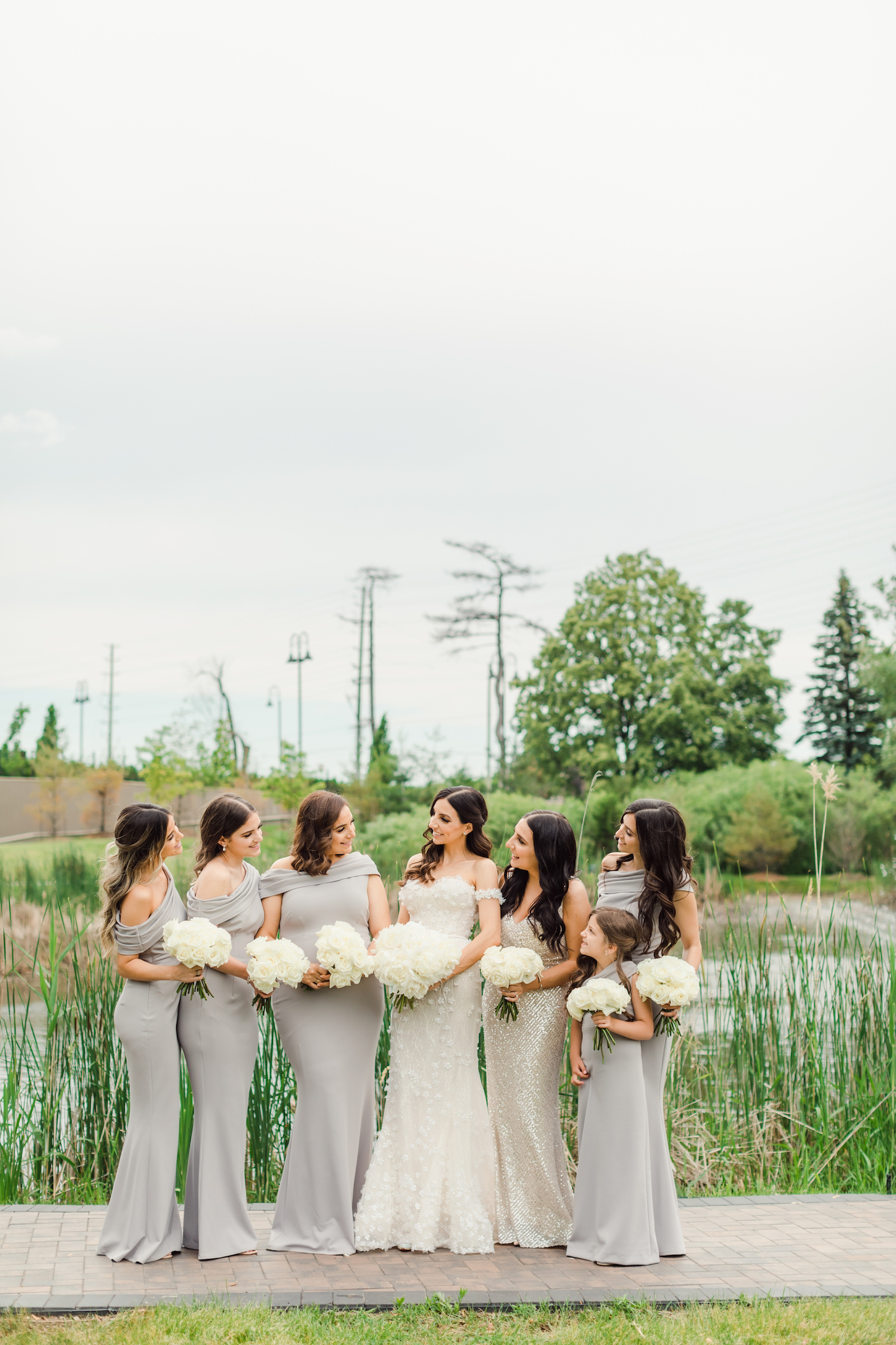 white taupe wedding bridesmaids dresses