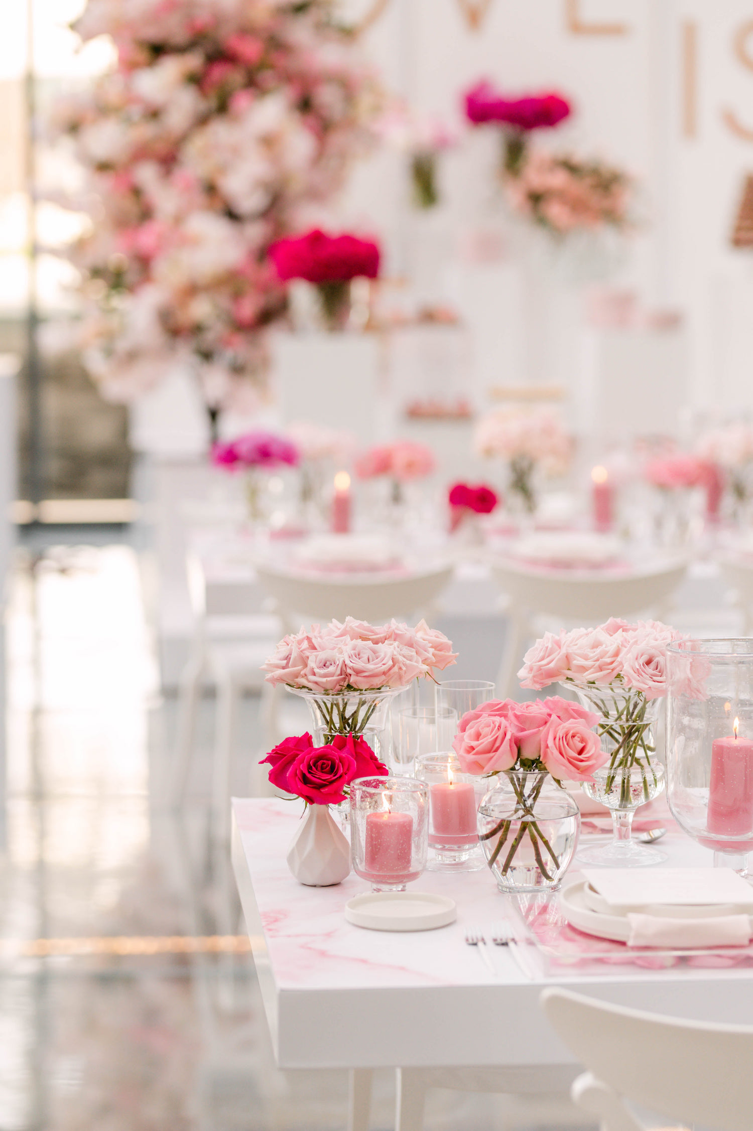 pink modern bridal shower flowers